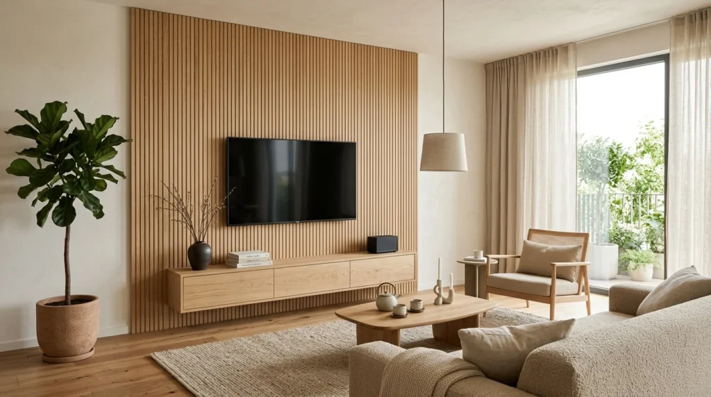 Living room with vertical fluted wood wall panels and modern decor.