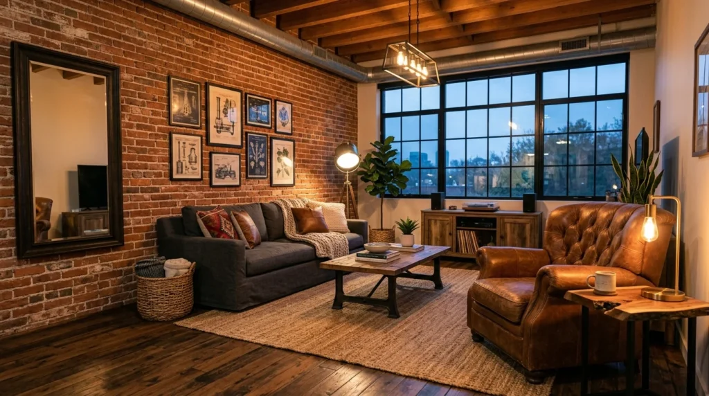 Living room with an exposed brick accent wall and warm rustic decor.