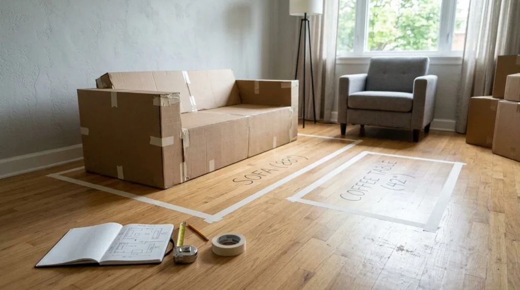 Masking tape sofa outline used to test furniture size before buying