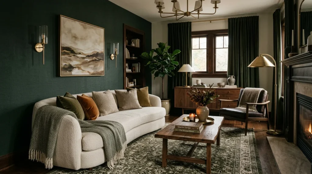 Living room featuring a dark green accent wall with warm neutral furnishings.
