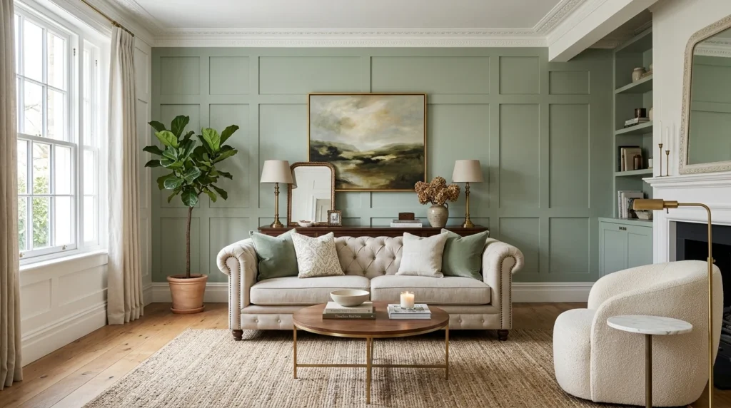 Living room with decorative board-and-batten wall paneling.