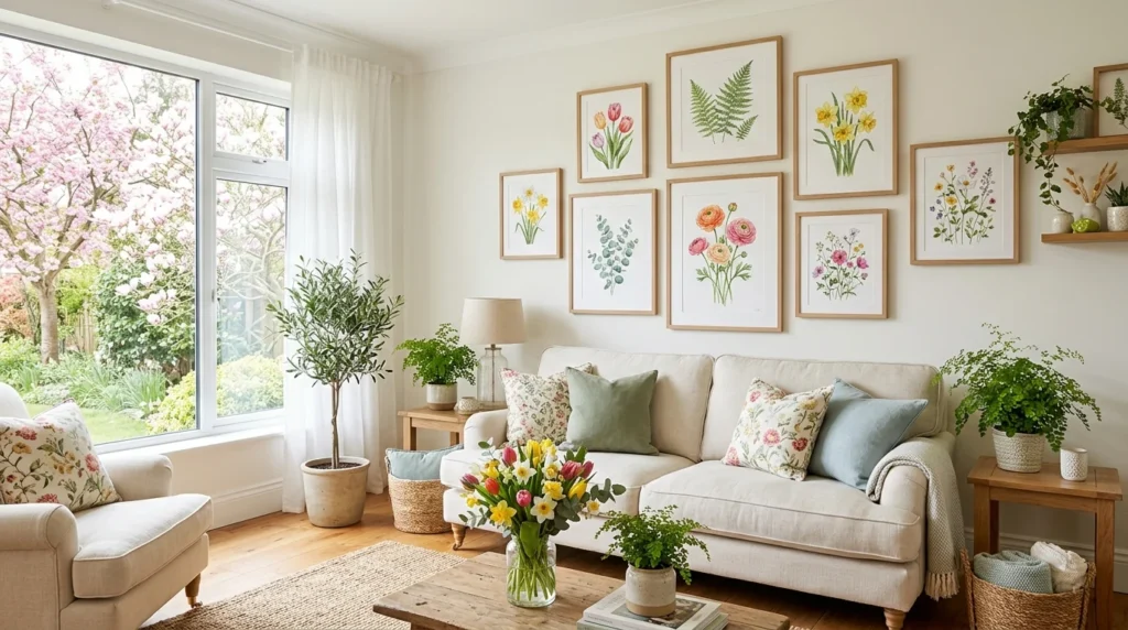 botanical wall art in bright spring living room decor