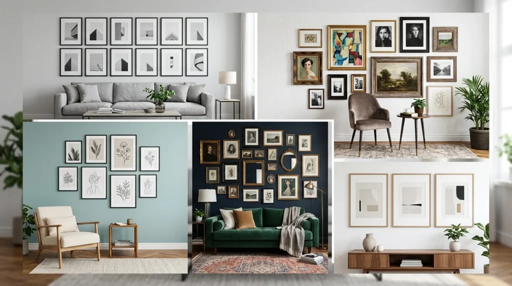 Different gallery wall design styles including grid, eclectic, salon, and linear arrangements