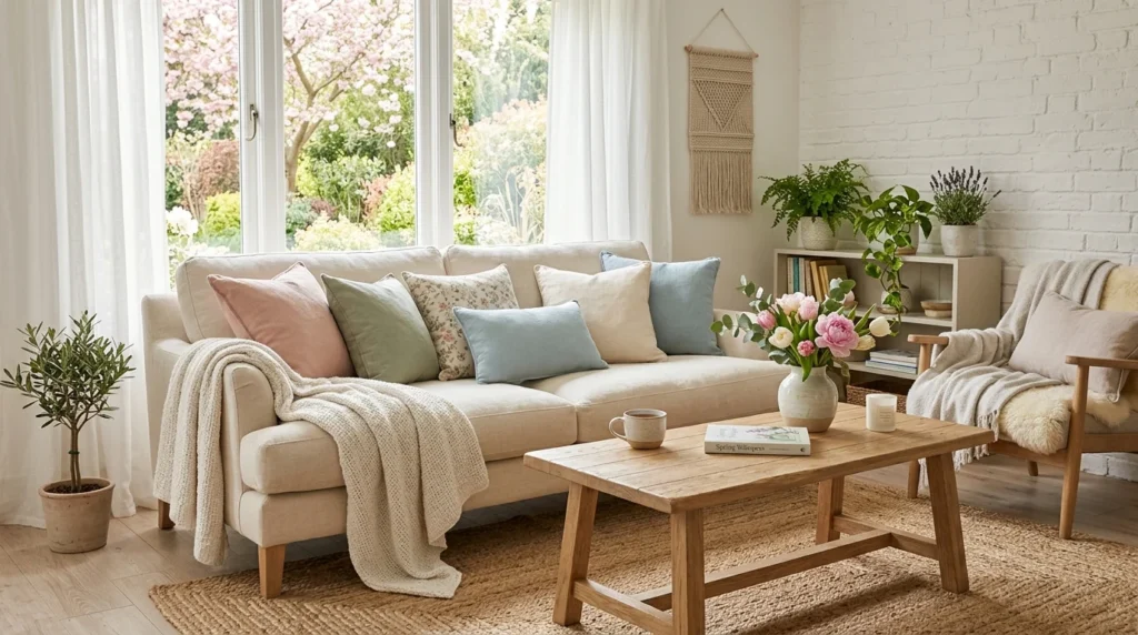 lightweight spring textiles linen throws pastel pillows airy home decor