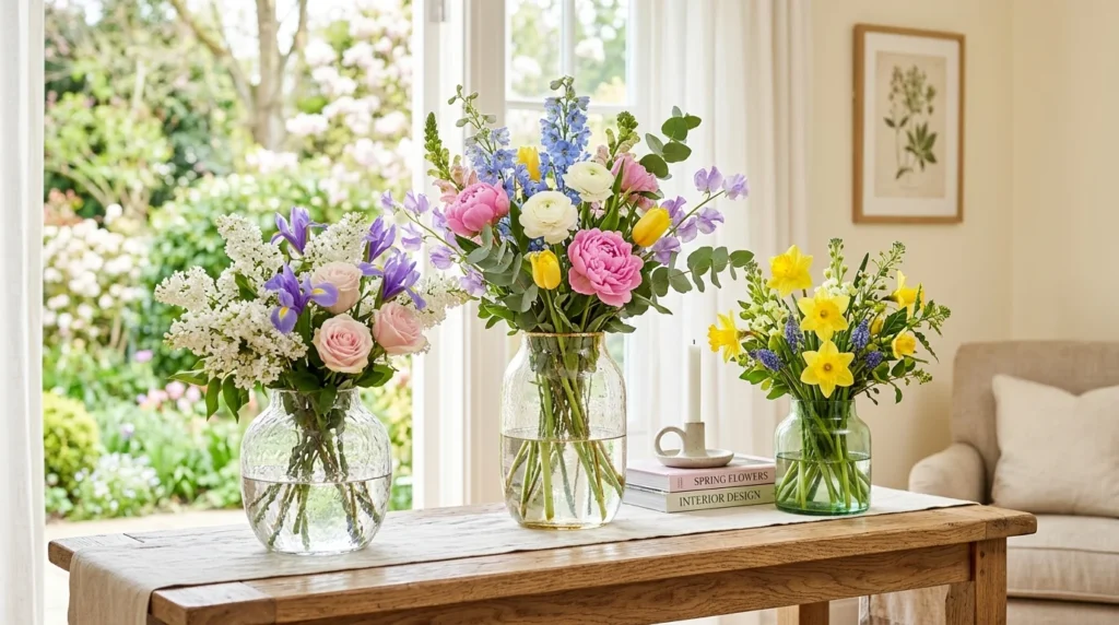 decorative glass vases with spring flowers elegant home decor