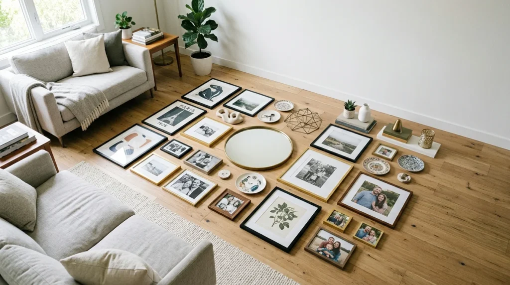 Artwork, mirrors, and decorative objects selected for a living room gallery wall.