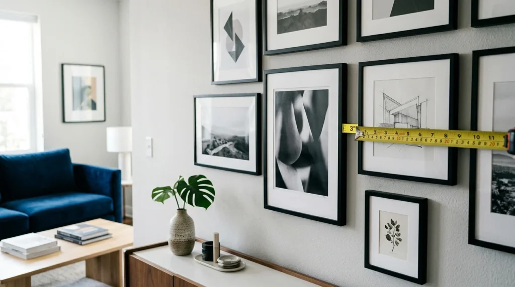 Gallery wall with evenly spaced picture frames arranged professionally.