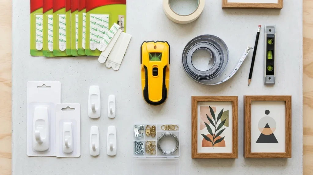 Command strips, adhesive hooks, and hanging tools for installing gallery walls without wall damage.