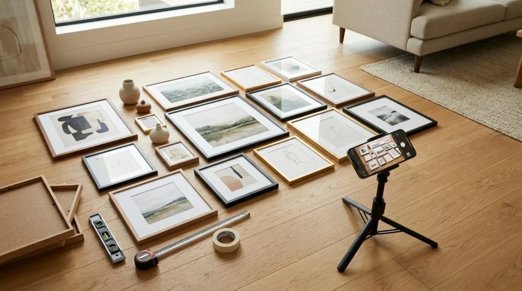Testing a Gallery Wall Layout on the Floor