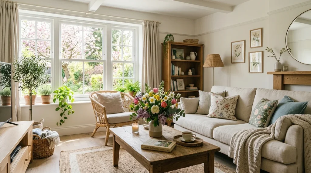 light airy spring living room fresh flowers cozy modern decor