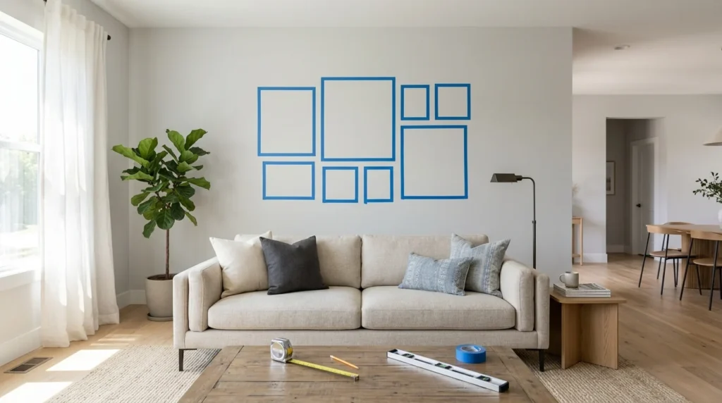 Blank living room wall marked with tape to plan a gallery wall layout.