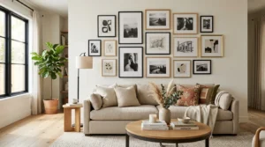 Beautiful living room with a professionally designed gallery wall above a neutral sofa