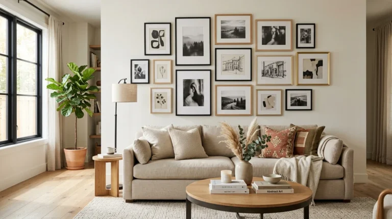 Beautiful living room with a professionally designed gallery wall above a neutral sofa
