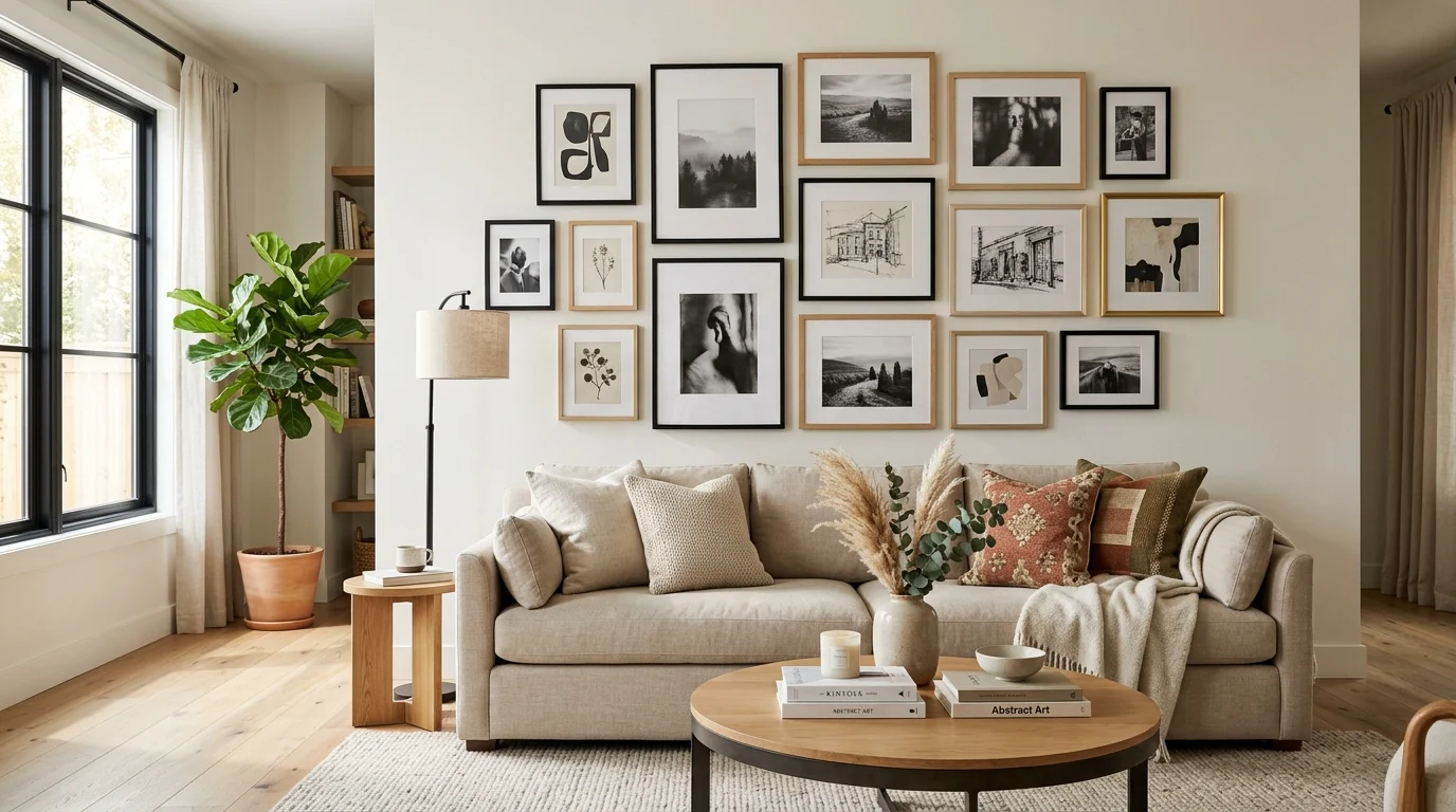 Beautiful living room with a professionally designed gallery wall above a neutral sofa