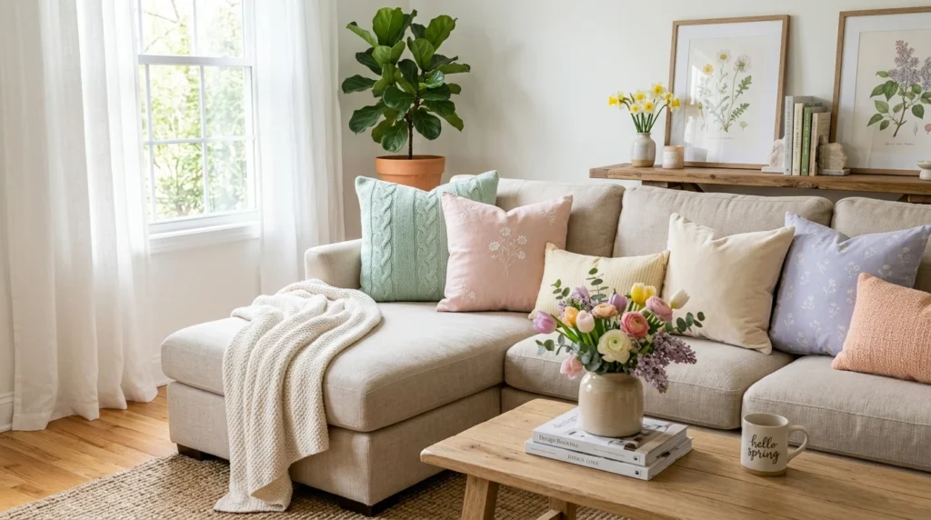 pastel accent pillows on neutral sofa spring living room decor