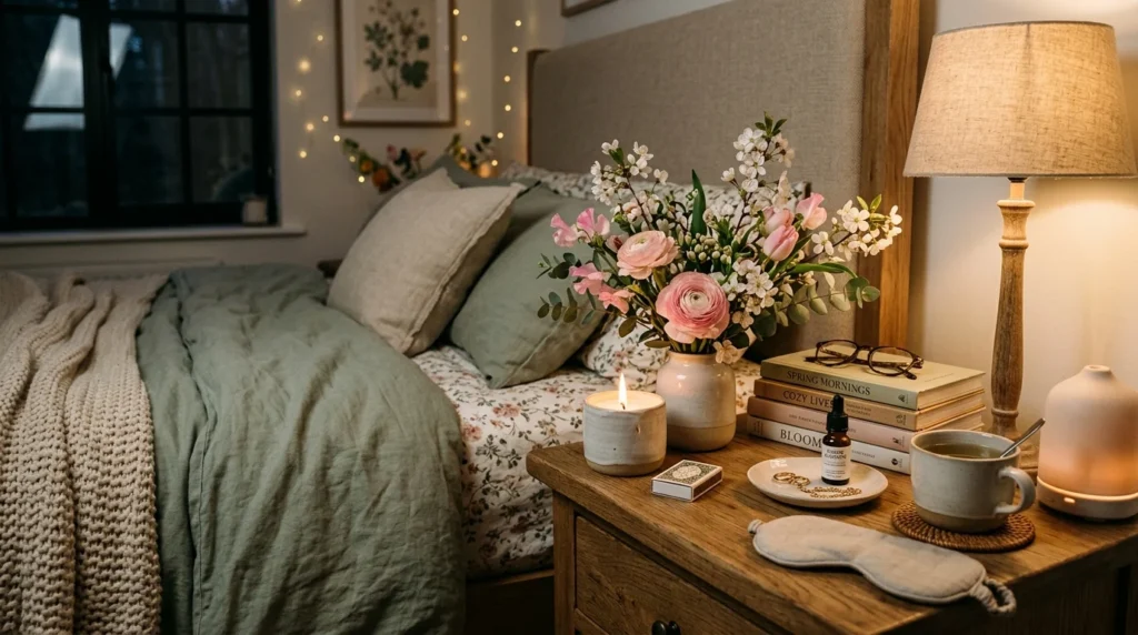 spring bedroom nightstand decor flowers candles cozy styling