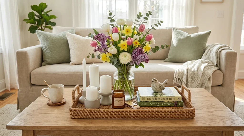 spring coffee table styling flowers candles decorative tray decor
