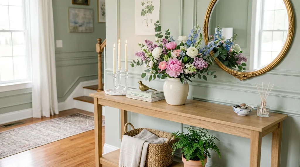 spring console table styling flowers candles elegant seasonal decor