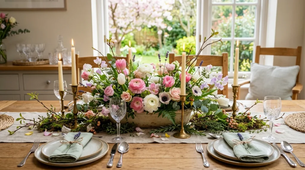 spring dining table centerpiece flowers candles elegant decor