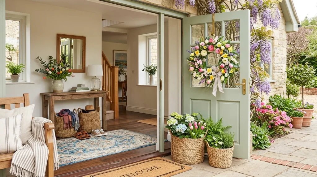 spring entryway decor floral wreath natural baskets welcoming design