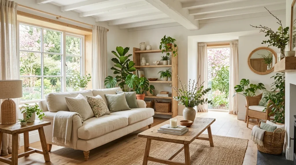 natural wood accents and greenery spring home decor aesthetic