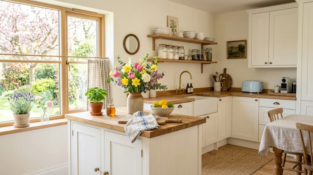 bright spring kitchen decor fresh flowers light airy styling