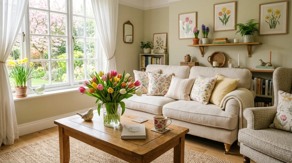 fresh spring flowers in vase bright living room seasonal decor
