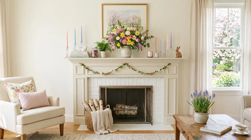 spring mantel decor flowers candles pastel seasonal styling