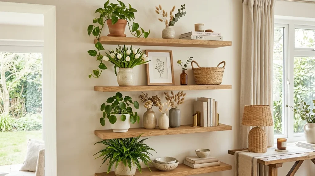 spring styled open shelves with plants vases and seasonal accents