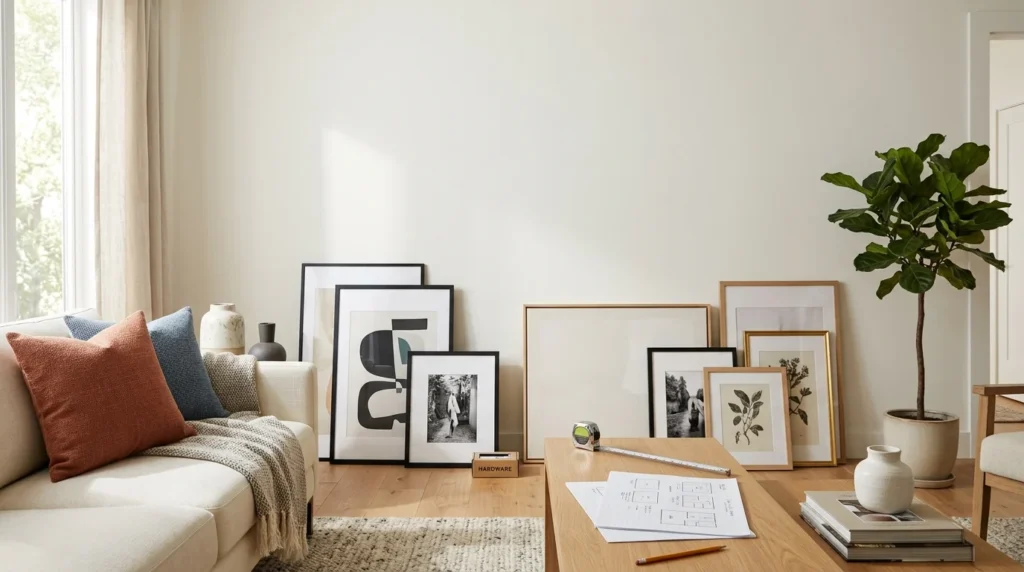 Homeowner planning the layout of a gallery wall in a modern living room.