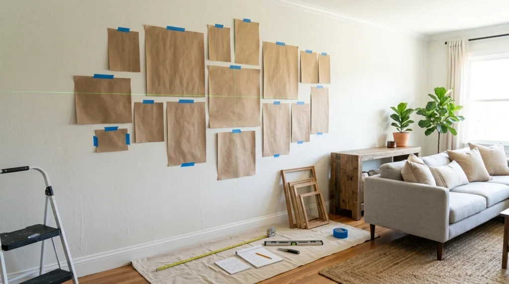 Paper frame templates taped to a wall to plan a gallery wall arrangement.