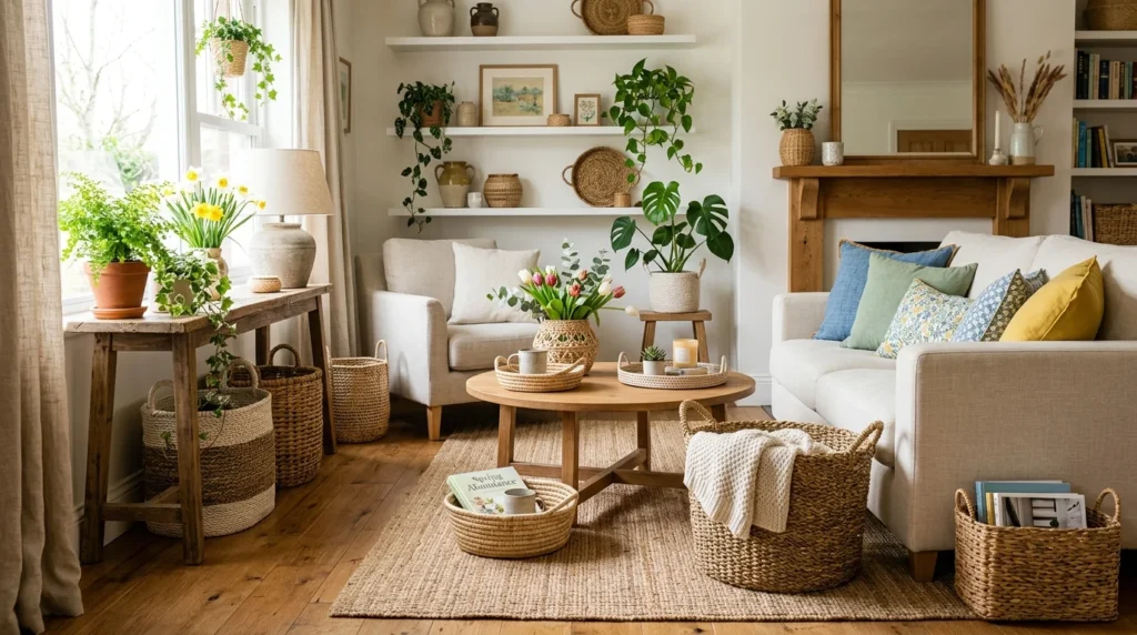 woven baskets in cozy spring living room natural home decor