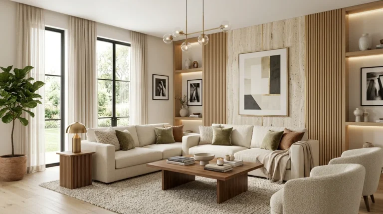 Modern living room featuring a stylish accent wall with elegant furniture and neutral decor.