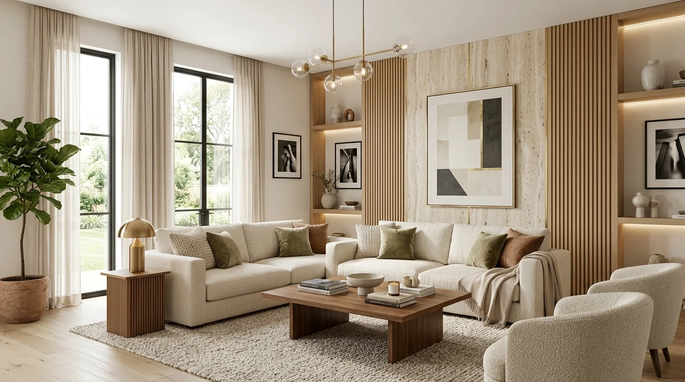 Modern living room featuring a stylish accent wall with elegant furniture and neutral decor.