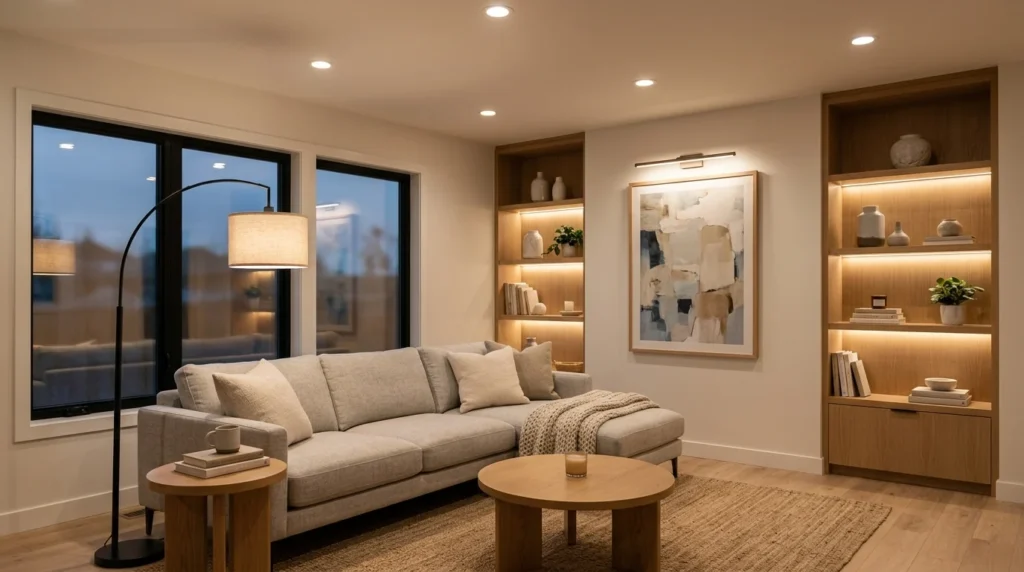 Living room showing ambient, task, and accent lighting working together in one cohesive design.