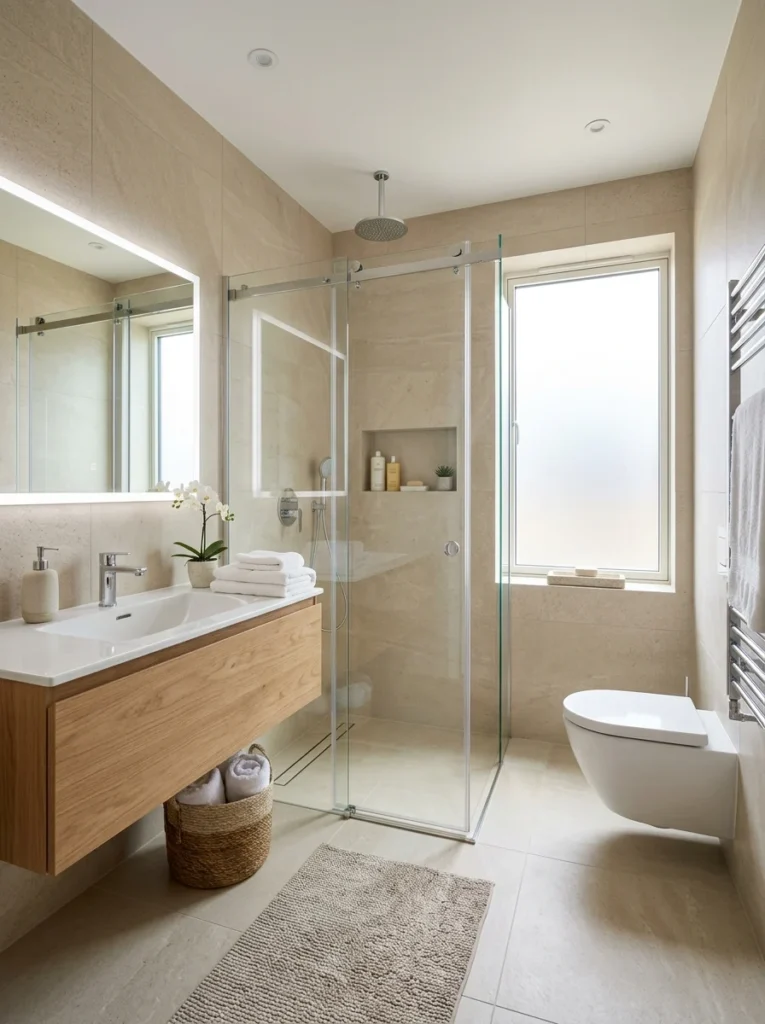 Compact bathroom with a frameless walk-in shower replacing a traditional bathtub.