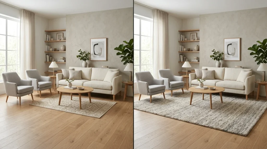 Comparison of a small rug versus a properly sized rug in a living room.