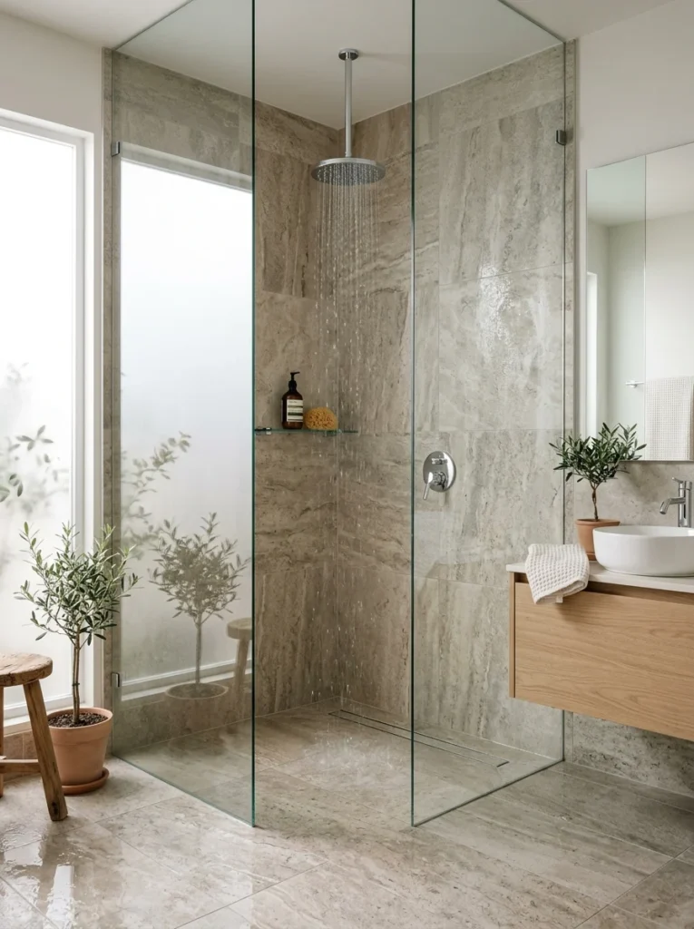 Low-flow showerhead installed in a modern bathroom to reduce water usage.