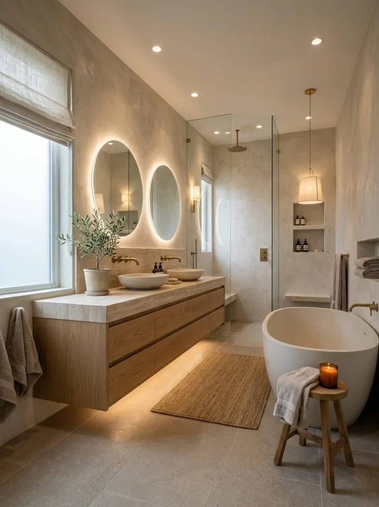 Master bathroom featuring warm neutral colors, textured walls, and natural stone finishes.