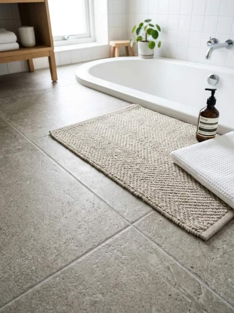 Textured bathroom flooring with non-slip bath mat for child safety.