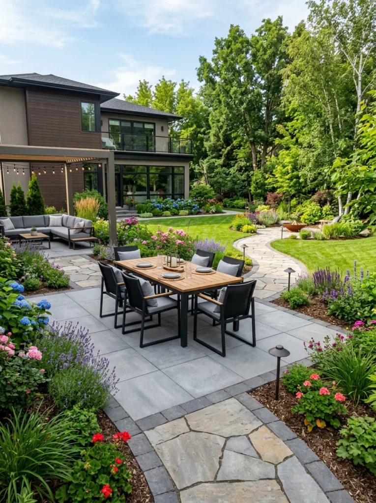 Ground-level stone patio with landscaping and outdoor furniture.