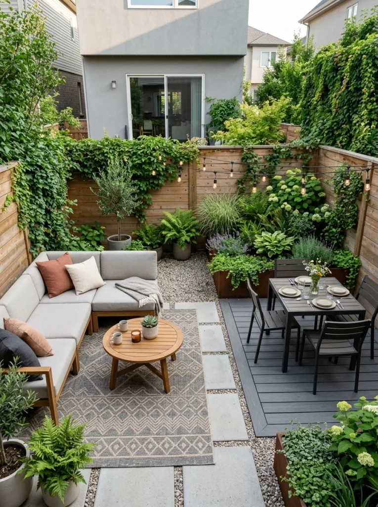 Small backyard divided into seating, dining, and garden zones.