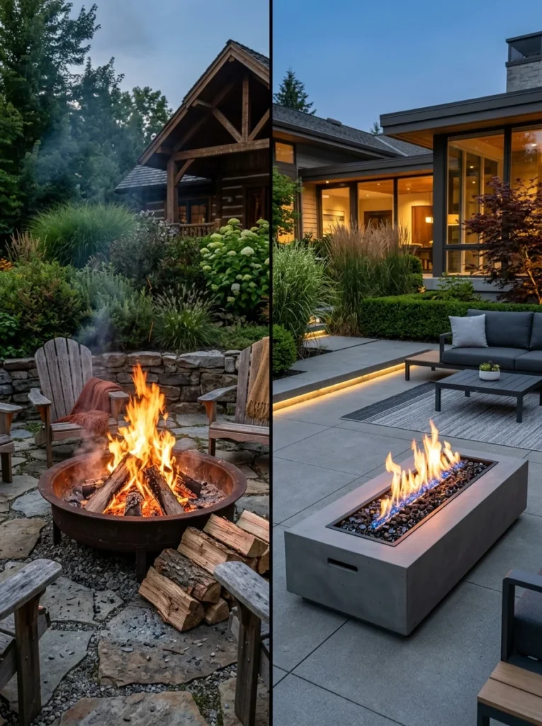 Wood-burning and gas fire pit comparison in backyard