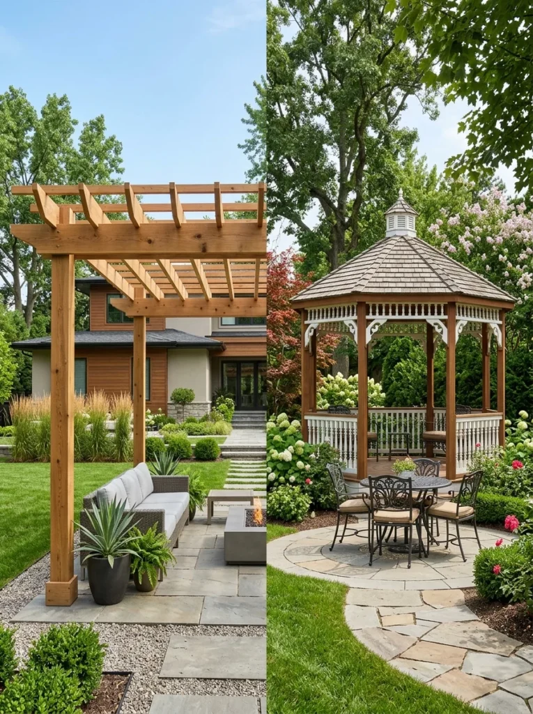Side-by-side comparison showing the structural differences between a pergola and a gazebo.