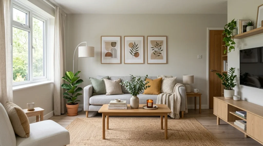 Clean and organized living room showing free decorating changes like rearranging furniture and decluttering.
