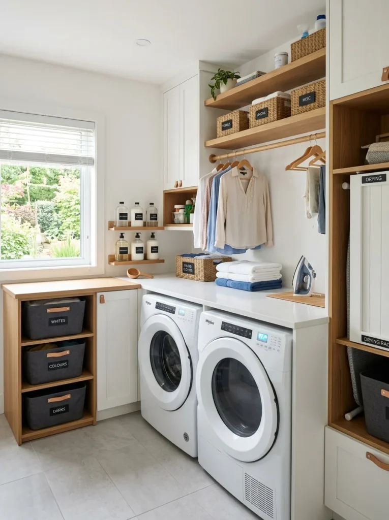 Efficient laundry room workflow with sorting baskets, folding area, and organized storage.
