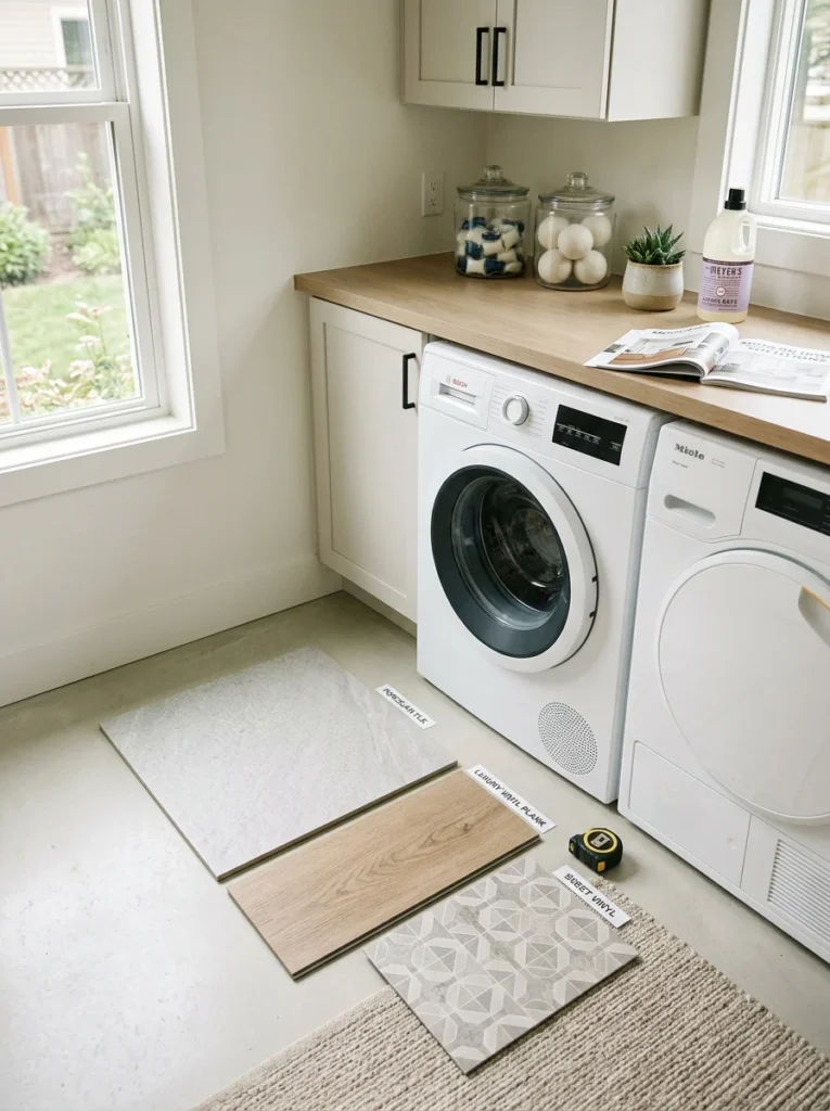 Flooring samples inside a modern laundry room before choosing the best material.