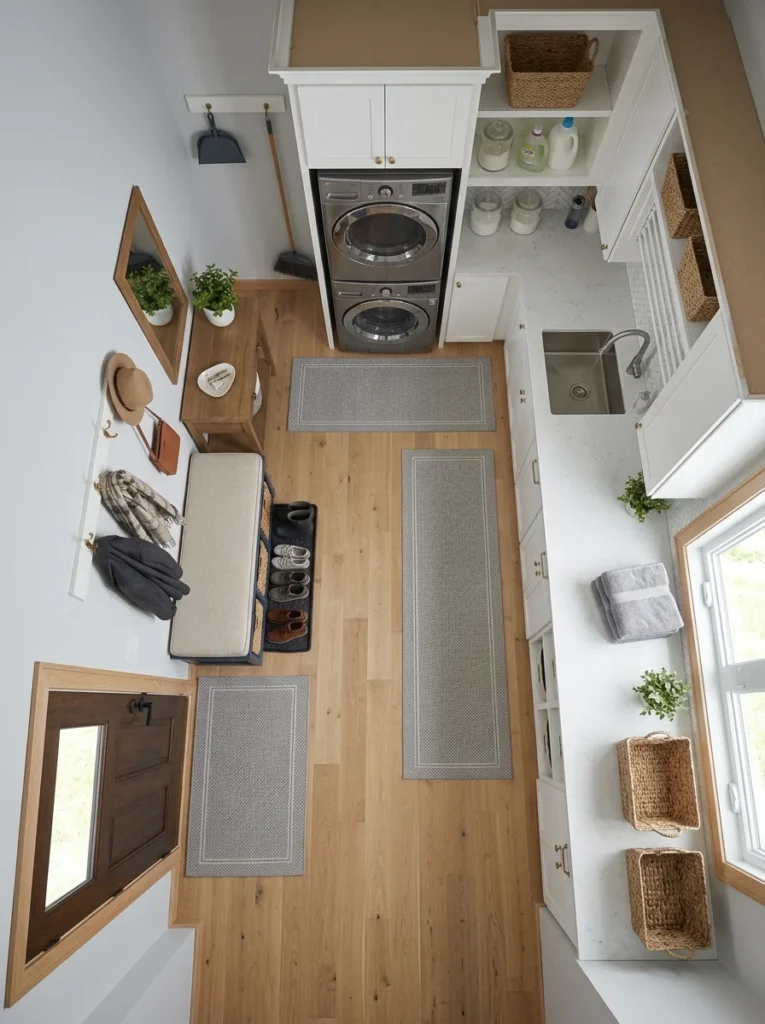 Organized laundry room and mudroom layout showing separate walking paths and functional zones.