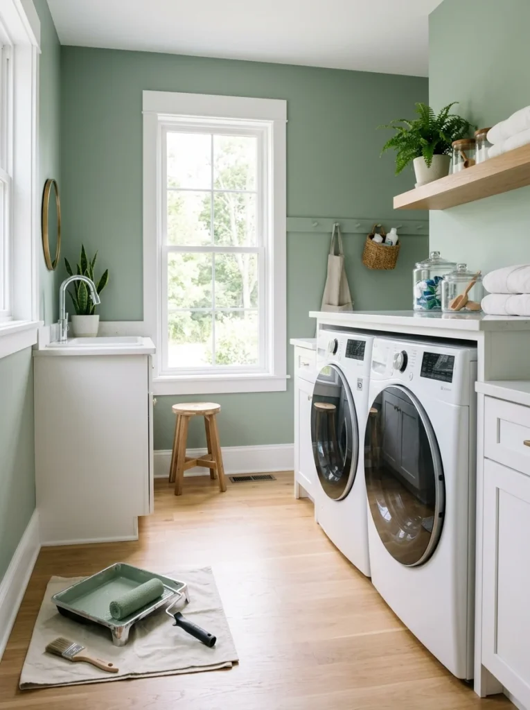 Freshly painted laundry room creating a bright modern look.