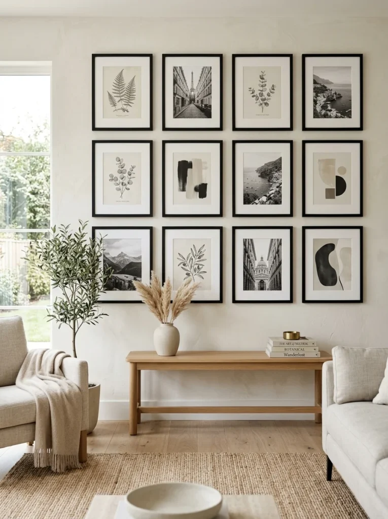 Gallery wall with matching frames and coordinated artwork.
